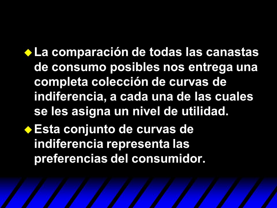 La comparación de todas las canastas de consumo posibles nos entrega una completa colección de curvas de indiferencia, a cada una de las cuales se les asigna un nivel de utilidad.