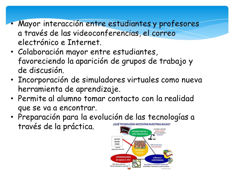 Mayor interacción entre estudiantes y profesores a través de las videoconferencias, el correo electrónico e Internet.
