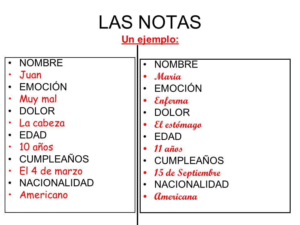 LAS NOTAS Un ejemplo: NOMBRE NOMBRE Juan Maria EMOCIÓN EMOCIÓN Muy mal