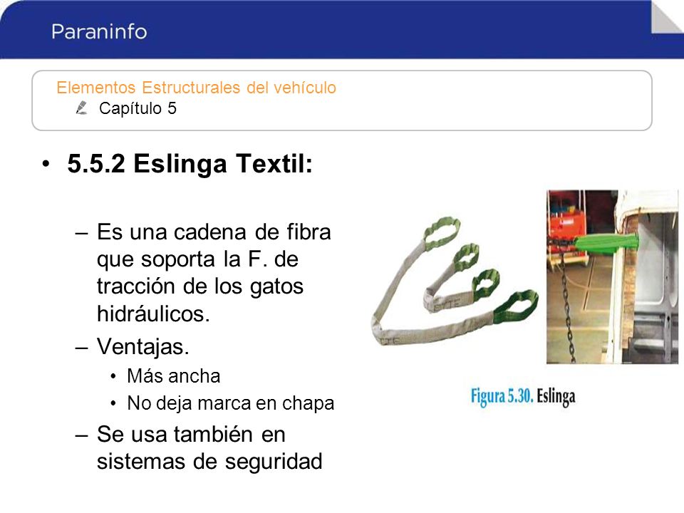 5.5.2 Eslinga Textil: Es una cadena de fibra que soporta la F. de tracción de los gatos hidráulicos.
