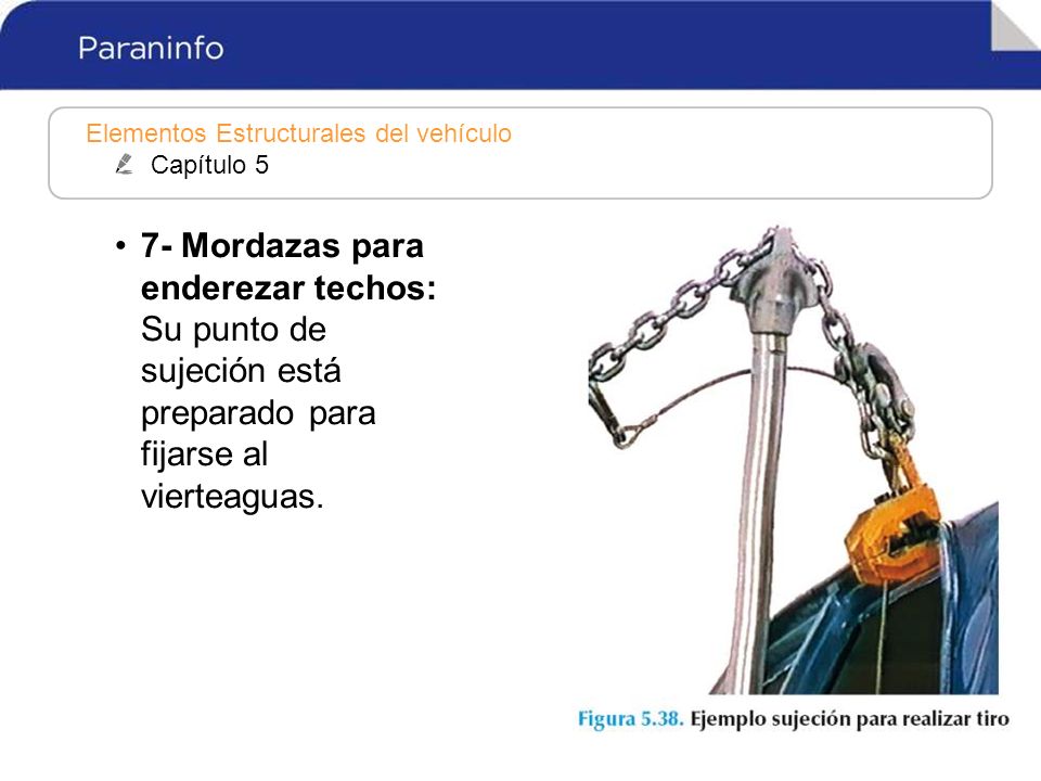 7- Mordazas para enderezar techos: Su punto de sujeción está preparado para fijarse al vierteaguas.