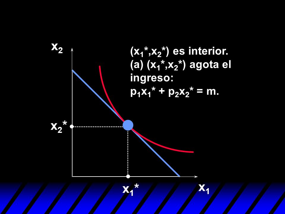 x2 (x1*,x2*) es interior. (a) (x1*,x2*) agota el ingreso: p1x1* + p2x2* = m. x2* x1* x1