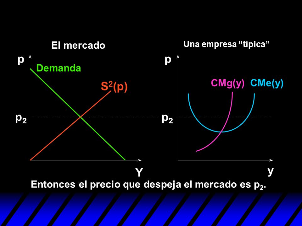 p p S2(p) p2 p2 y Y El mercado Demanda CMg(y) CMe(y)