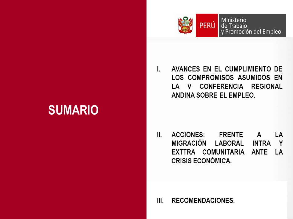 SUMARIO AVANCES EN EL CUMPLIMIENTO DE LOS COMPROMISOS ASUMIDOS EN LA V CONFERENCIA REGIONAL ANDINA SOBRE EL EMPLEO.