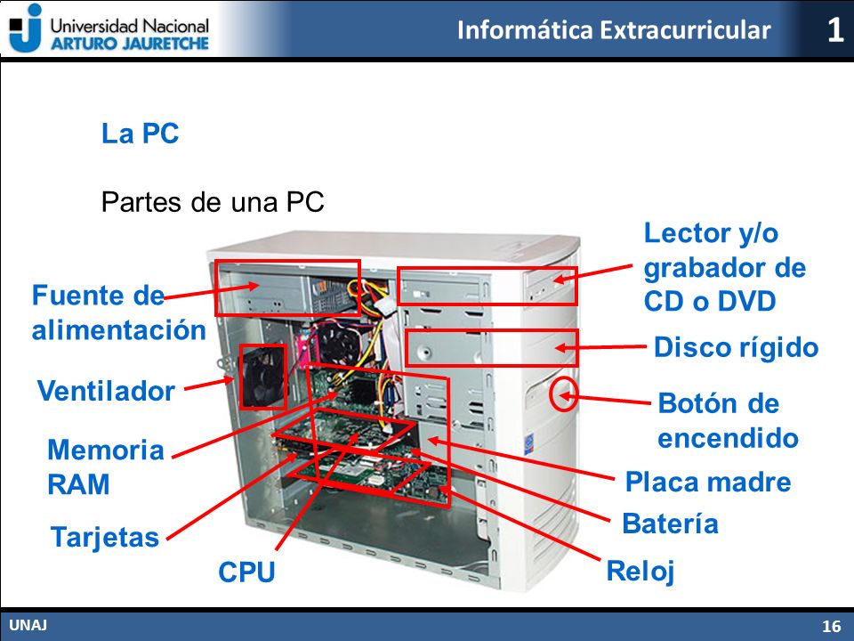La PC Partes de una PC. Lector y/o. grabador de. CD o DVD. Fuente de alimentación. Disco rígido.
