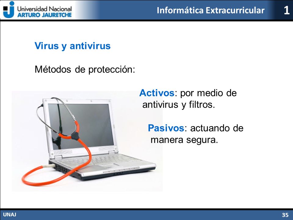 Virus y antivirus Métodos de protección: Activos: por medio de. antivirus y filtros. Pasivos: actuando de.