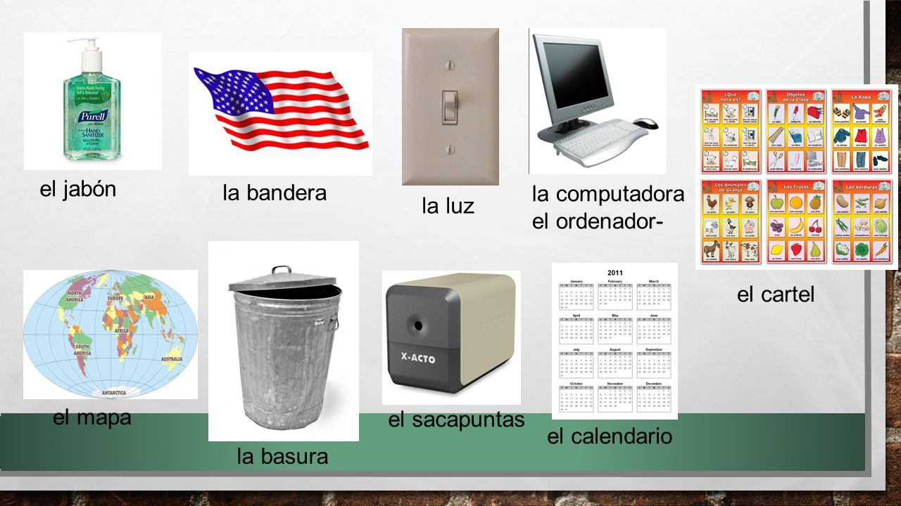 el jabón la bandera. la computadora. el ordenador- la luz. el cartel. el mapa. el sacapuntas.