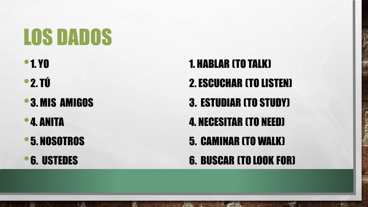 Los dados 1. yo 1. hablar (to talk) 2. tú 2. escuchar (to listen)