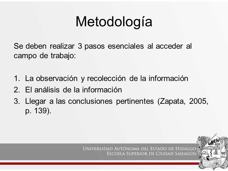 Metodología Se deben realizar 3 pasos esenciales al acceder al campo de trabajo: La observación y recolección de la información.