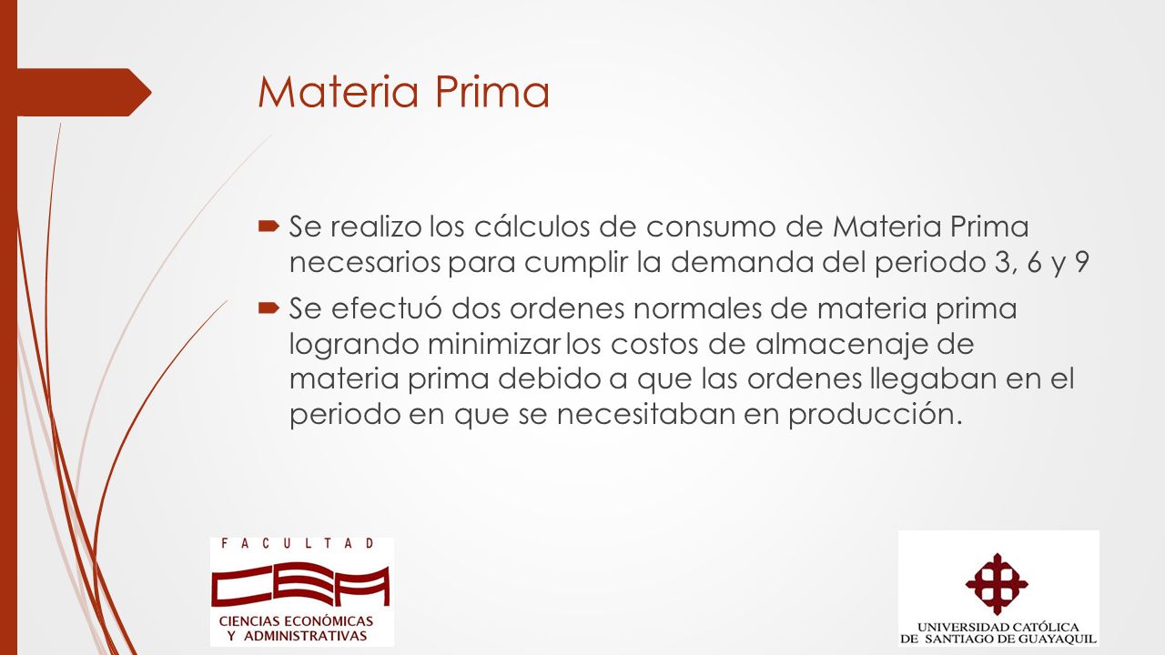Materia Prima Se realizo los cálculos de consumo de Materia Prima necesarios para cumplir la demanda del periodo 3, 6 y 9.