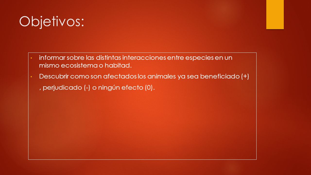 Objetivos: informar sobre las distintas interacciones entre especies en un mismo ecosistema o habitad.