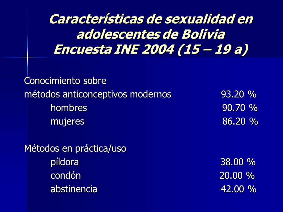 Características de sexualidad en adolescentes de Bolivia Encuesta INE 2004 (15 – 19 a)