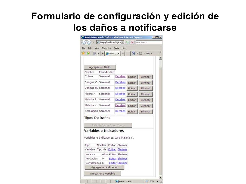 Formulario de configuración y edición de los daños a notificarse