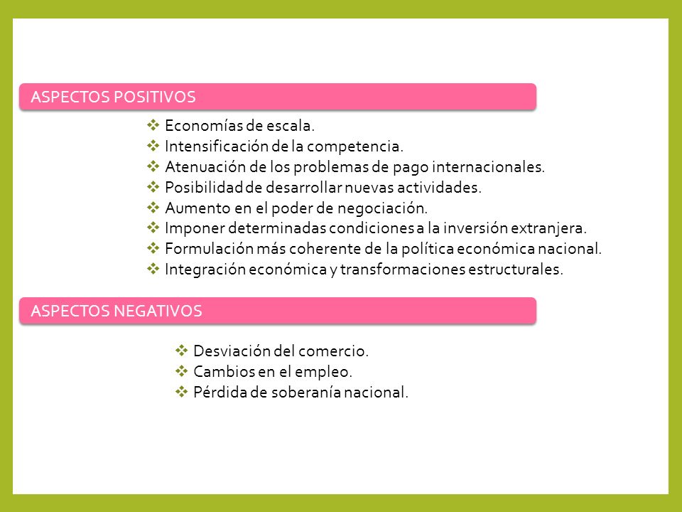 ASPECTOS POSITIVOS Economías de escala. Intensificación de la competencia. Atenuación de los problemas de pago internacionales.