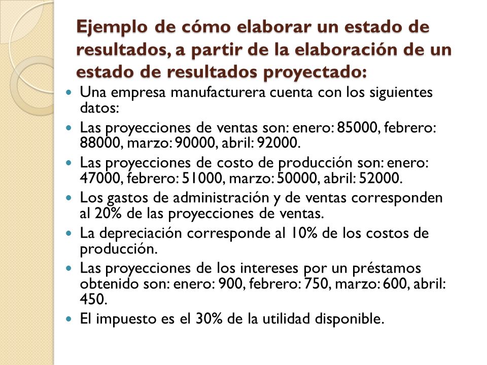 Ejemplo de cómo elaborar un estado de resultados, a partir de la elaboración de un estado de resultados proyectado: