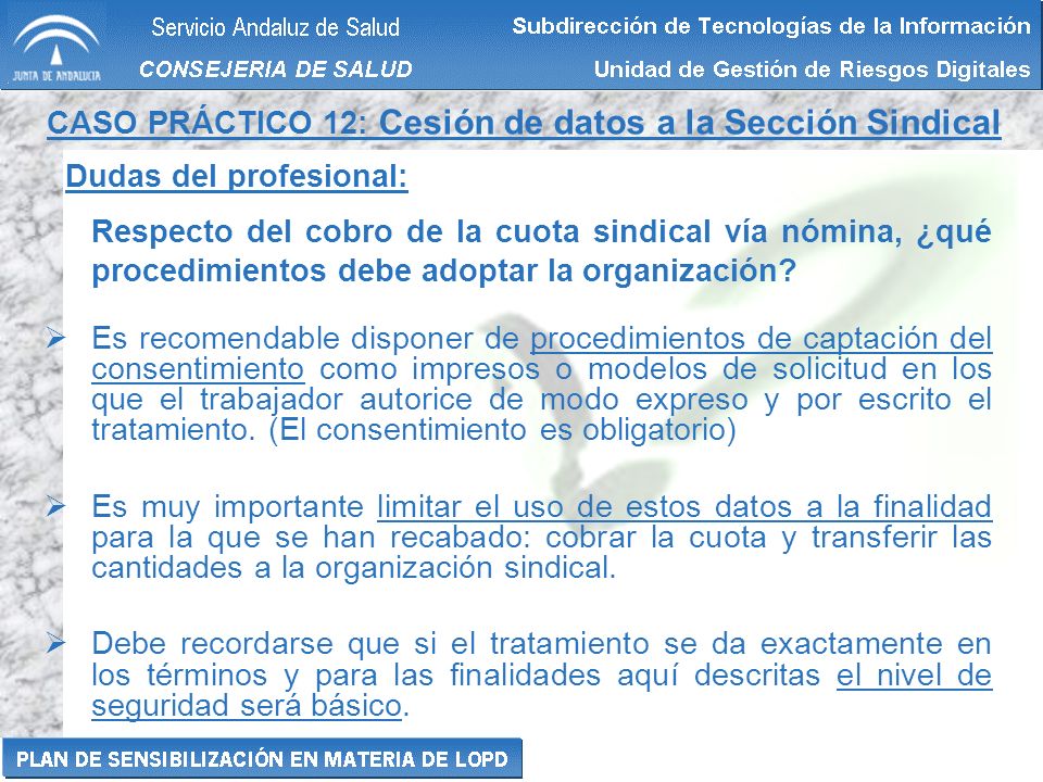 CASO PRÁCTICO 12: Cesión de datos a la Sección Sindical