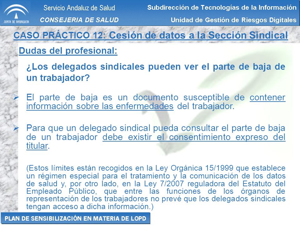 CASO PRÁCTICO 12: Cesión de datos a la Sección Sindical