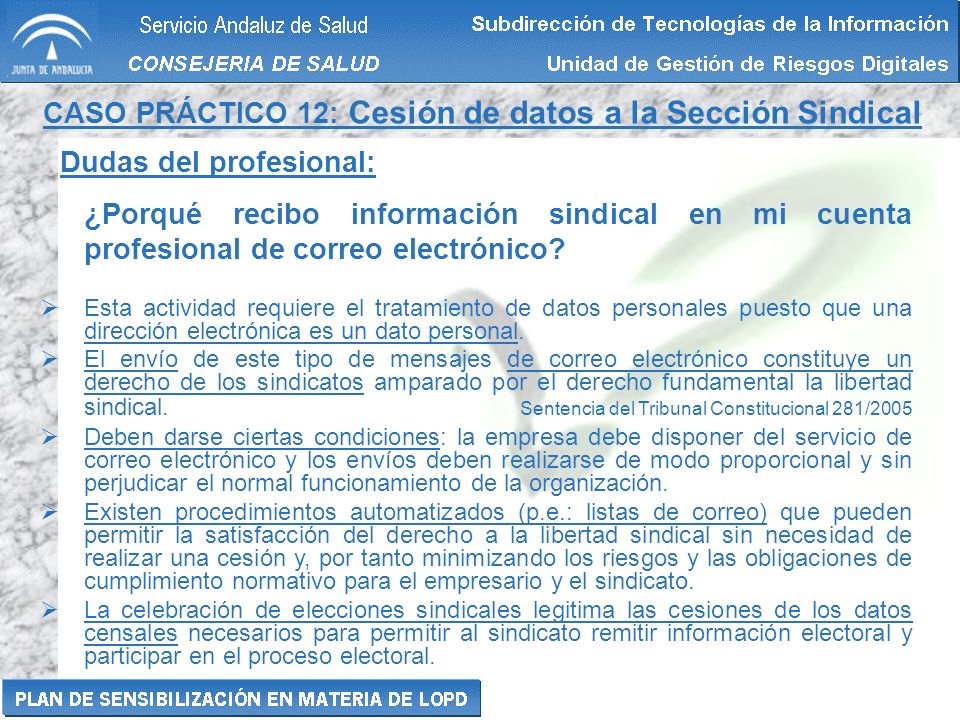 CASO PRÁCTICO 12: Cesión de datos a la Sección Sindical