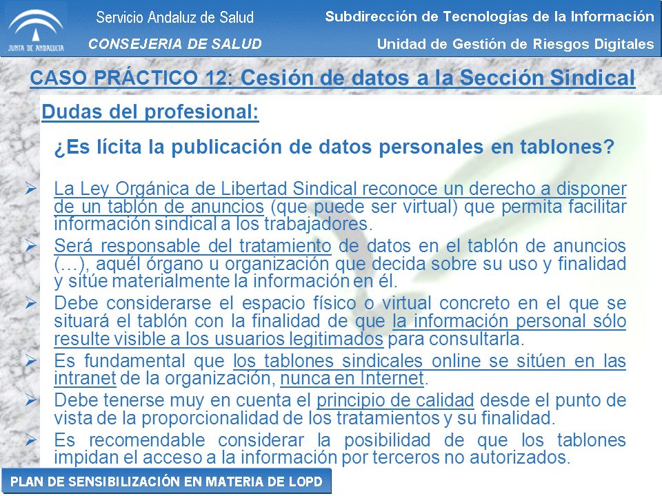 CASO PRÁCTICO 12: Cesión de datos a la Sección Sindical