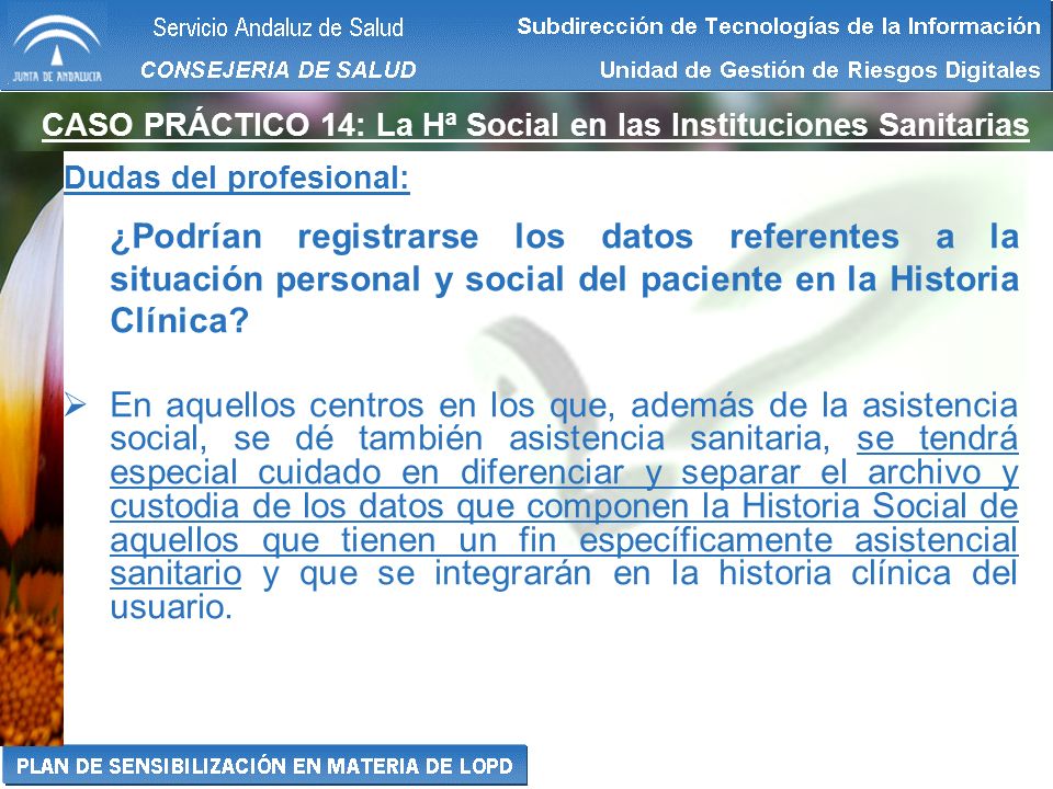 CASO PRÁCTICO 14: La Hª Social en las Instituciones Sanitarias