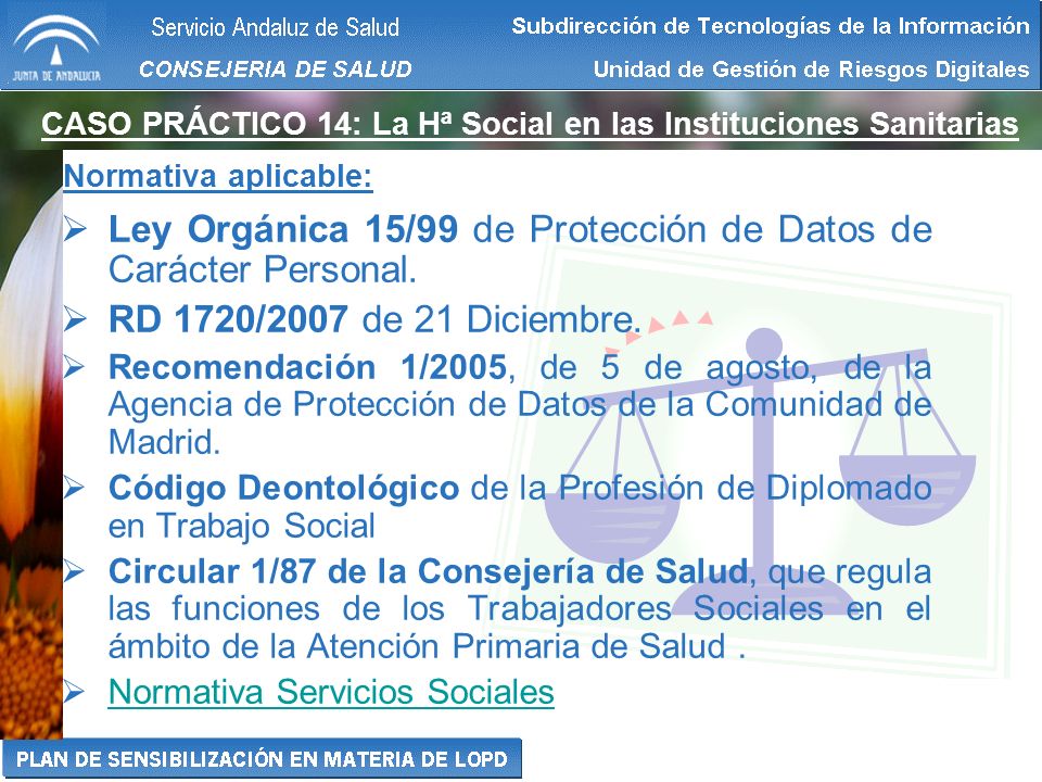 Ley Orgánica 15/99 de Protección de Datos de Carácter Personal.
