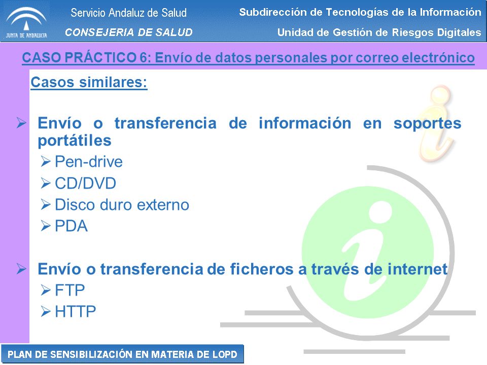 Envío o transferencia de información en soportes portátiles Pen-drive