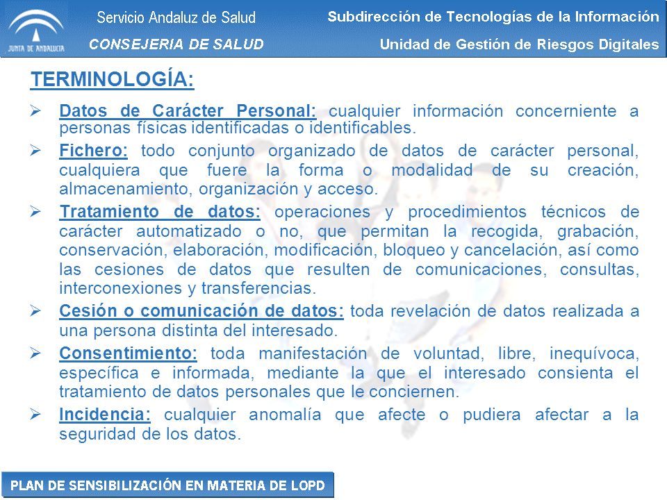 TERMINOLOGÍA: Datos de Carácter Personal: cualquier información concerniente a personas físicas identificadas o identificables.