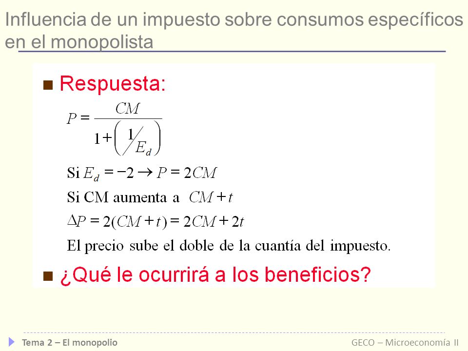 Influencia de un impuesto sobre consumos específicos en el monopolista