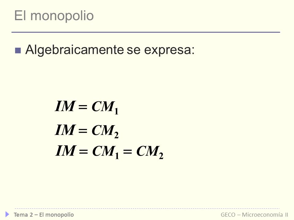 IM = CM1 IM = CM2 IM = CM1 = CM2 El monopolio