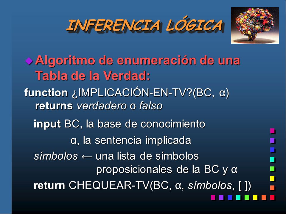 INFERENCIA LÓGICA Algoritmo de enumeración de una Tabla de la Verdad: