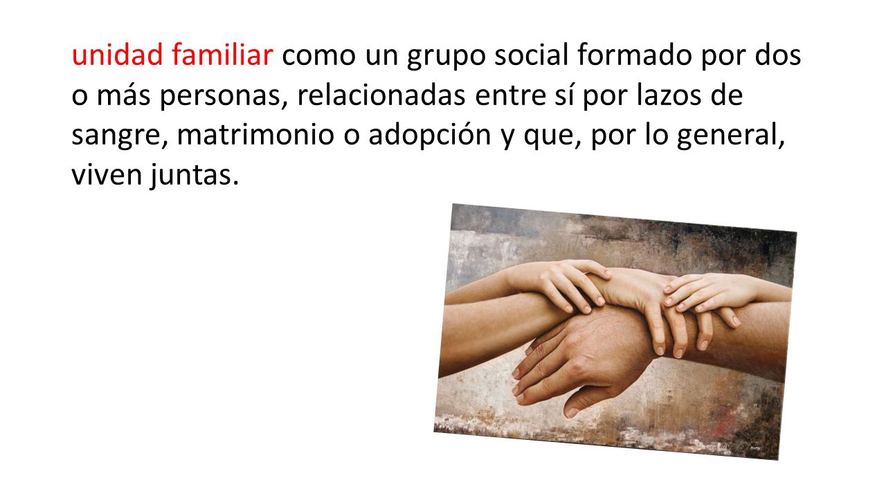 unidad familiar como un grupo social formado por dos o más personas, relacionadas entre sí por lazos de sangre, matrimonio o adopción y que, por lo general, viven juntas.