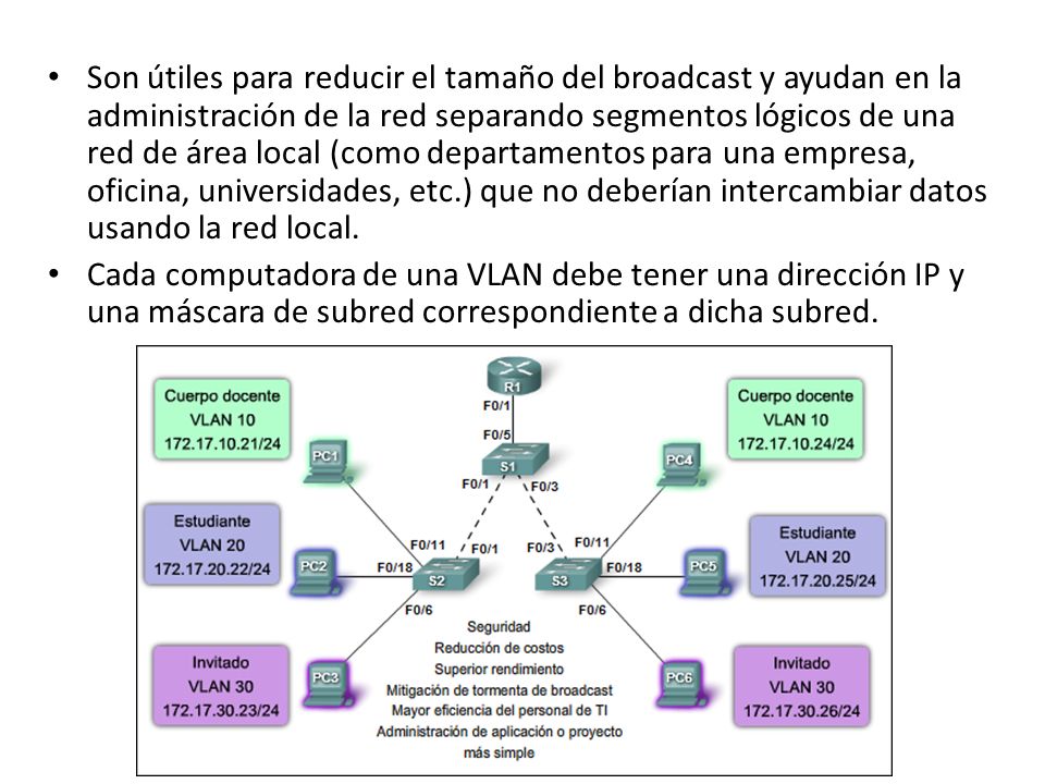 Son útiles para reducir el tamaño del broadcast y ayudan en la administración de la red separando segmentos lógicos de una red de área local (como departamentos para una empresa, oficina, universidades, etc.) que no deberían intercambiar datos usando la red local.