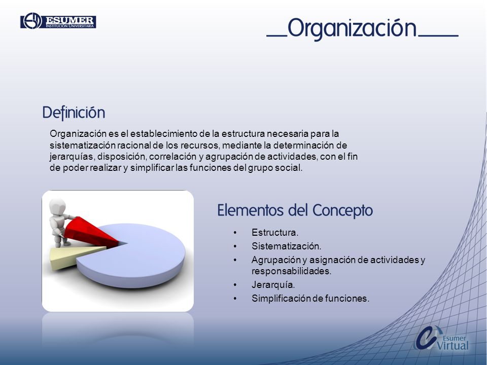 Organización es el establecimiento de la estructura necesaria para la sistematización racional de los recursos, mediante la determinación de jerarquías, disposición, correlación y agrupación de actividades, con el fin de poder realizar y simplificar las funciones del grupo social.