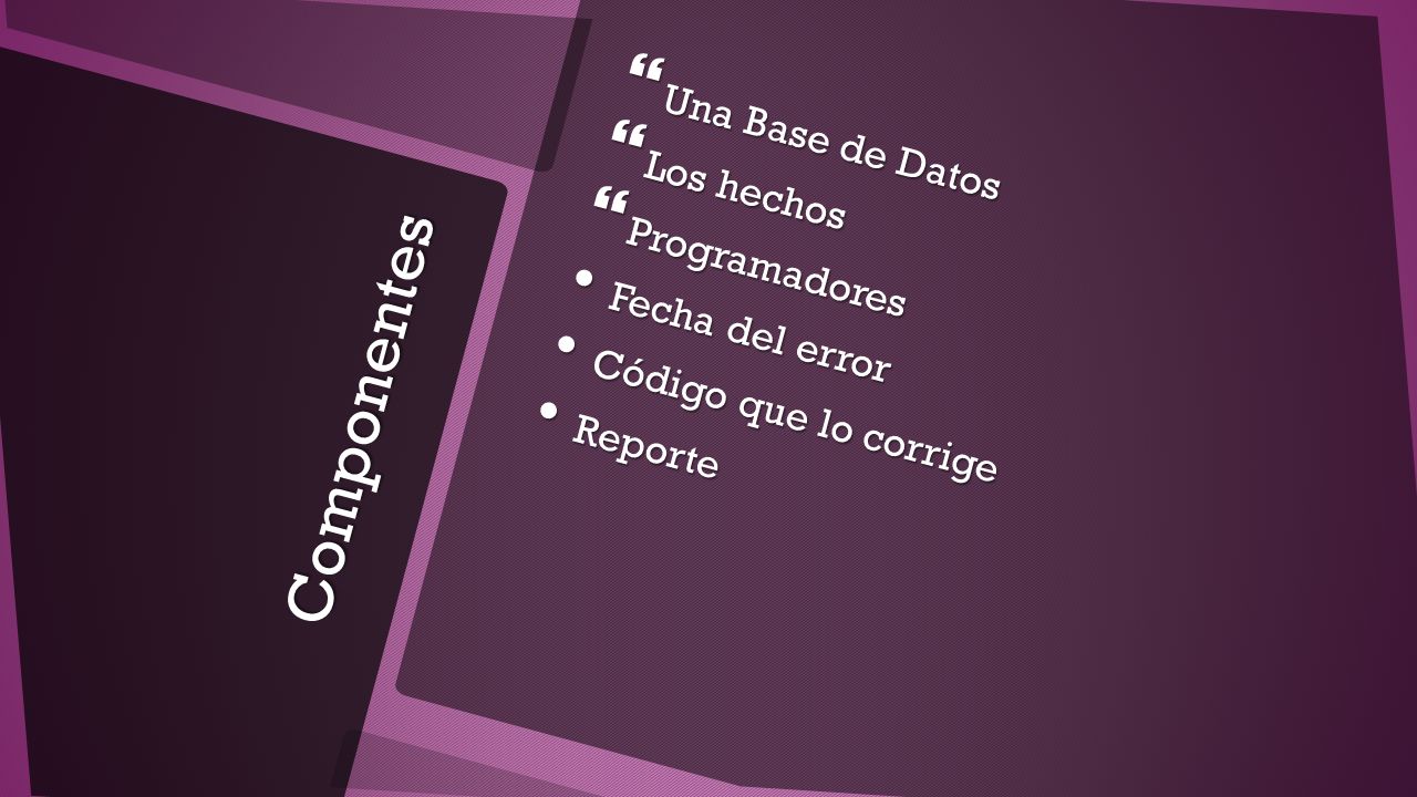 Componentes Una Base de Datos Los hechos Programadores Fecha del error
