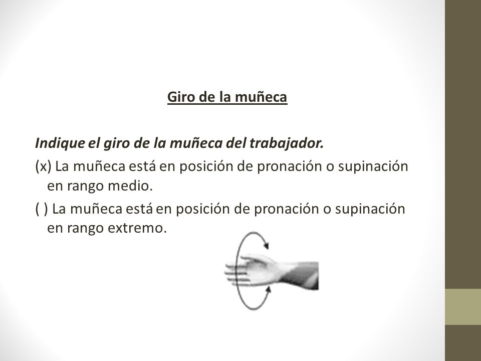Giro de la muñeca Indique el giro de la muñeca del trabajador. (x) La muñeca está en posición de pronación o supinación en rango medio.
