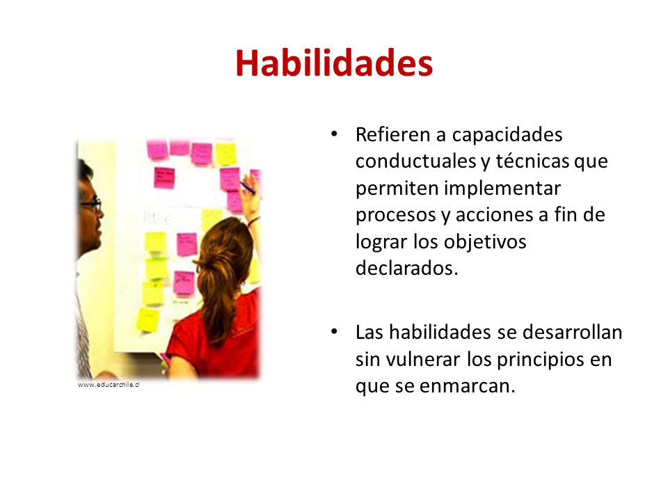 Habilidades Refieren a capacidades conductuales y técnicas que permiten implementar procesos y acciones a fin de lograr los objetivos declarados.