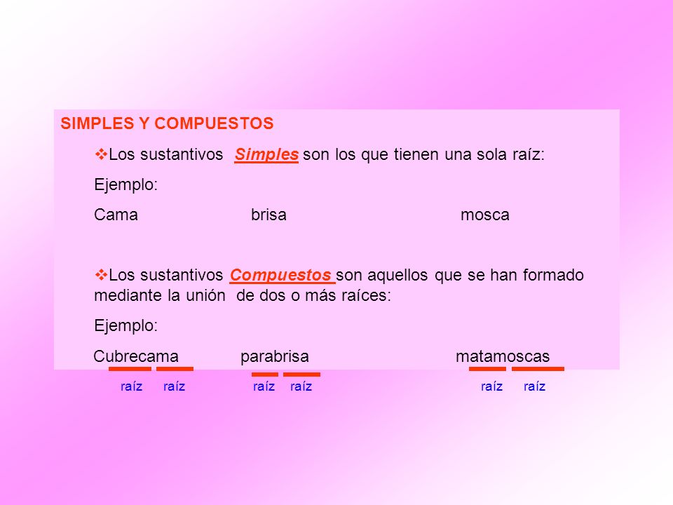 Los sustantivos Simples son los que tienen una sola raíz: Ejemplo: