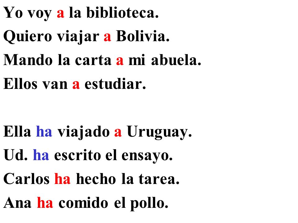 Yo voy a la biblioteca. Quiero viajar a Bolivia. Mando la carta a mi abuela. Ellos van a estudiar.