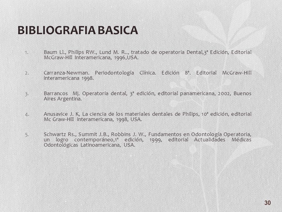 BIBLIOGRAFIA BASICA Baum Ll., Philips RW., Lund M. R.., tratado de operatoria Dental,3ª Edición, Editorial McGraw-Hill Interamericana, 1996,USA.