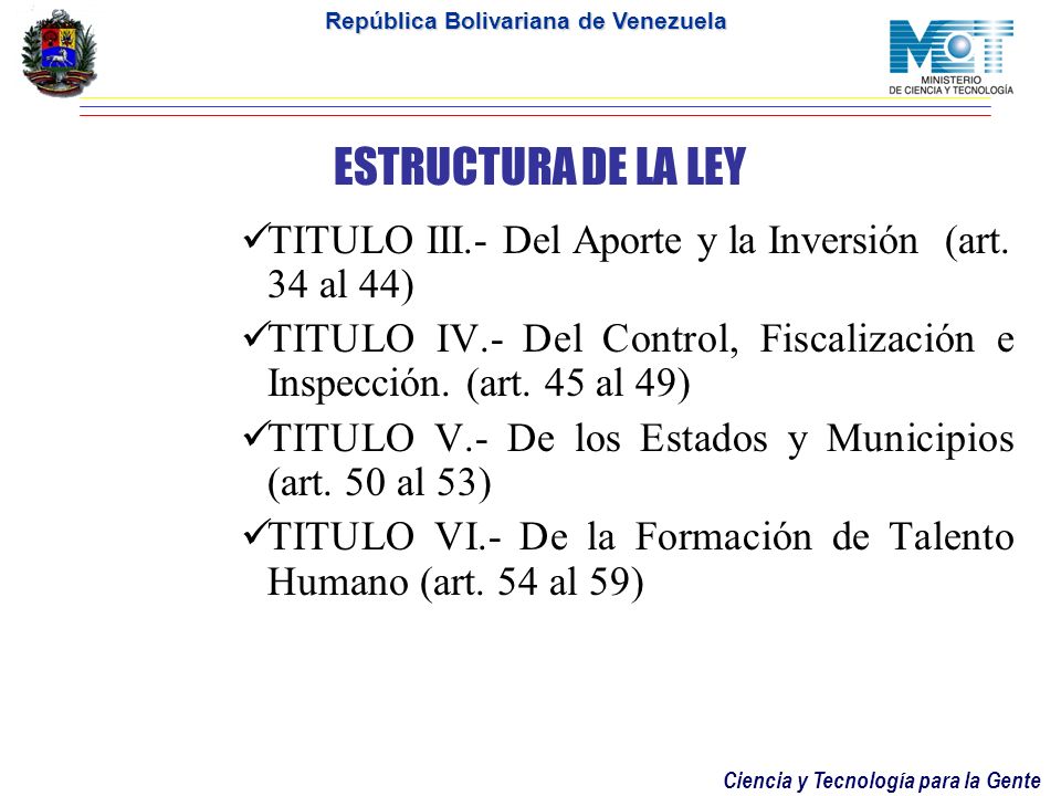 ESTRUCTURA DE LA LEY TITULO III.- Del Aporte y la Inversión (art. 34 al 44) TITULO IV.- Del Control, Fiscalización e Inspección. (art. 45 al 49)