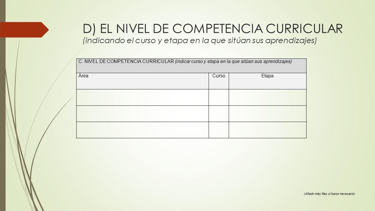 D) EL NIVEL DE COMPETENCIA CURRICULAR (indicando el curso y etapa en la que sitúan sus aprendizajes)