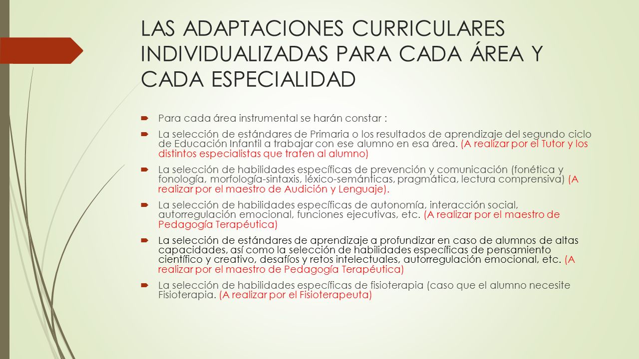 LAS ADAPTACIONES CURRICULARES INDIVIDUALIZADAS PARA CADA ÁREA Y CADA ESPECIALIDAD