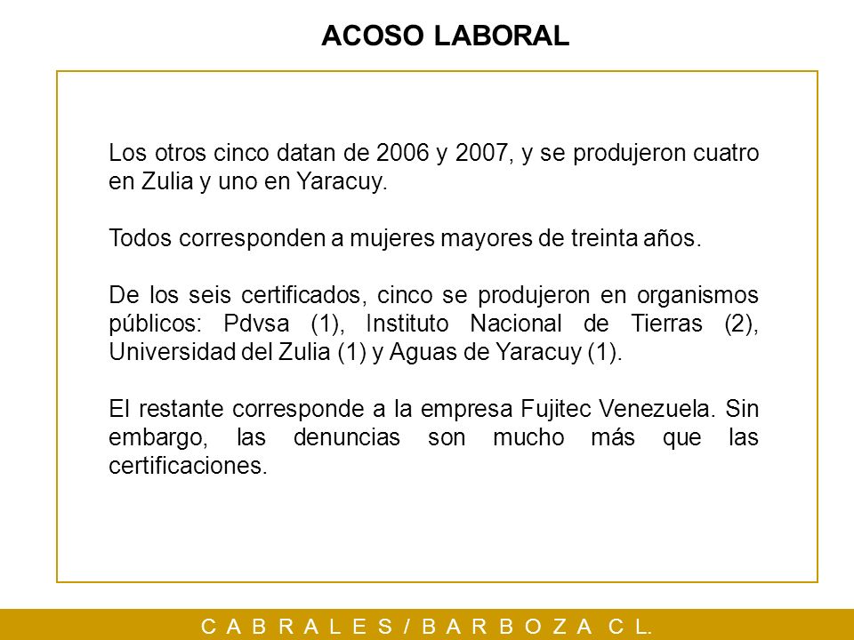 ACOSO LABORAL Los otros cinco datan de 2006 y 2007, y se produjeron cuatro en Zulia y uno en Yaracuy.
