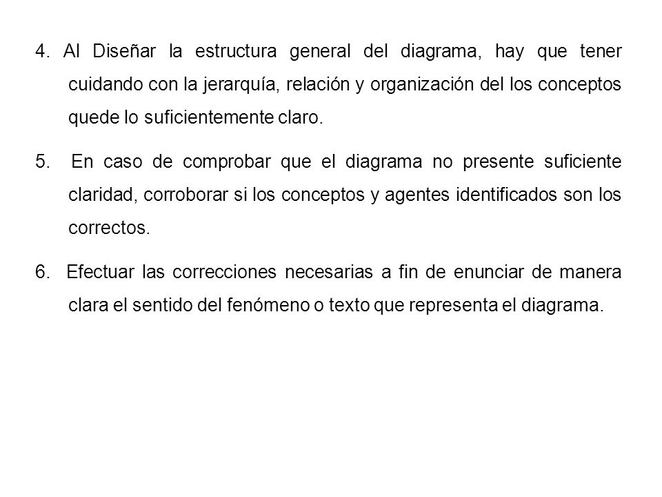 4. Al Diseñar la estructura general del diagrama, hay que tener cuidando con la jerarquía, relación y organización del los conceptos quede lo suficientemente claro.