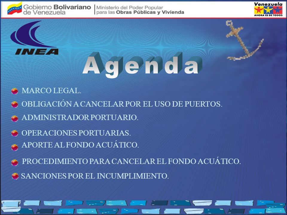 Agenda MARCO LEGAL. OBLIGACIÓN A CANCELAR POR EL USO DE PUERTOS.