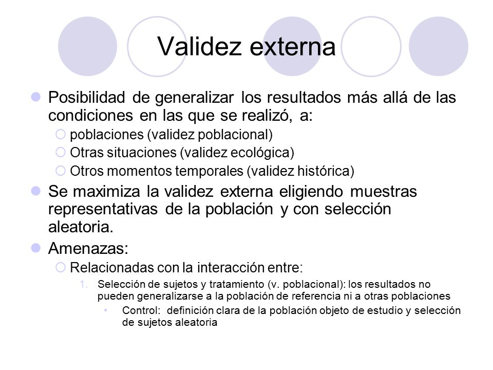 Validez externa Posibilidad de generalizar los resultados más allá de las condiciones en las que se realizó, a: