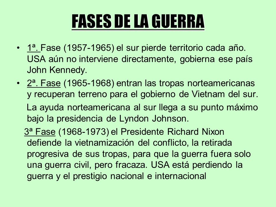 FASES DE LA GUERRA 1ª. Fase ( ) el sur pierde territorio cada año. USA aún no interviene directamente, gobierna ese país John Kennedy.