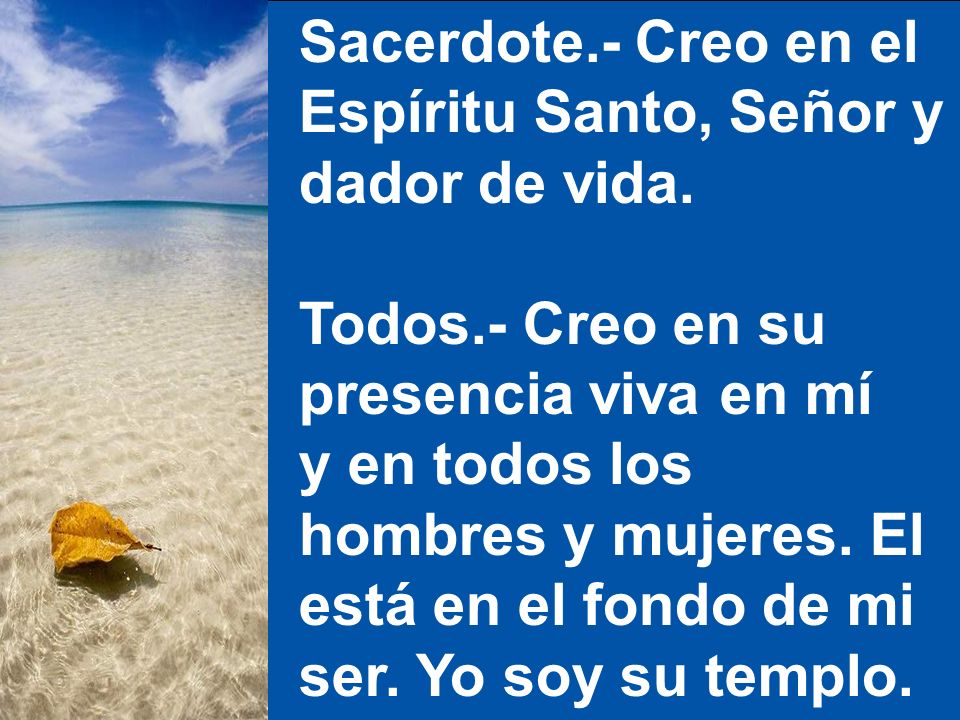 Sacerdote.- Creo en el Espíritu Santo, Señor y. dador de vida. Todos.- Creo en su. presencia viva en mí.
