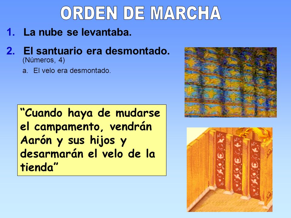 ORDEN DE MARCHA La nube se levantaba. El santuario era desmontado. (Números, 4) El velo era desmontado.