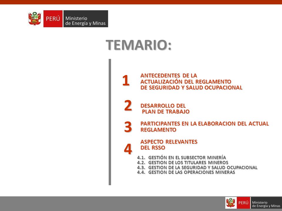 TEMARIO: 1. ANTECEDENTES DE LA ACTUALIZACIÓN DEL REGLAMENTO DE SEGURIDAD Y SALUD OCUPACIONAL. DESARROLLO DEL PLAN DE TRABAJO.